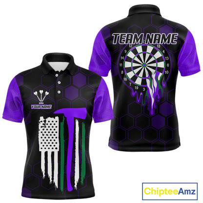 Purple Dripping Dartboard & US Flag Men's Darts Polo Shirt - Custom Name For Dart Players NYN0801