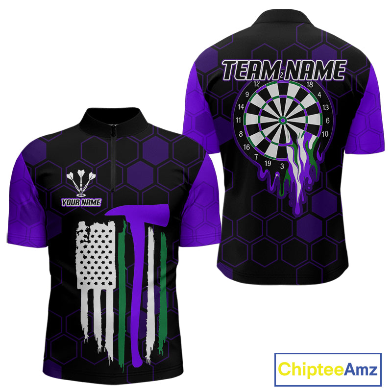 Purple Dripping Dartboard & US Flag Men's Darts 1/4-Zip Shirt - Custom Name For Dart Players NYN0801