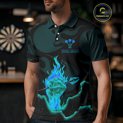 Flaming Hand & Dart Arrow Darts Shirts For Men - Custom Name & Team | Opt3 - Turquoise NYN0641