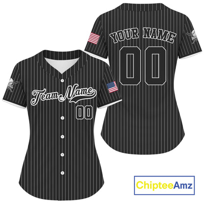 Women's Black Pinstripe Patriotic Baseball Jersey Custom USA Flag Baseball Shirt For Fans NYN0864