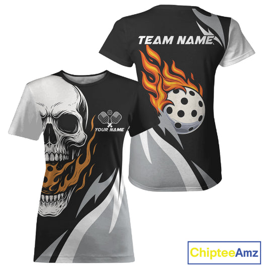 Custom Black & Orange Flame Pickleball Ball T-Shirts For Women, Halloween Skull Pickleball NYN1267