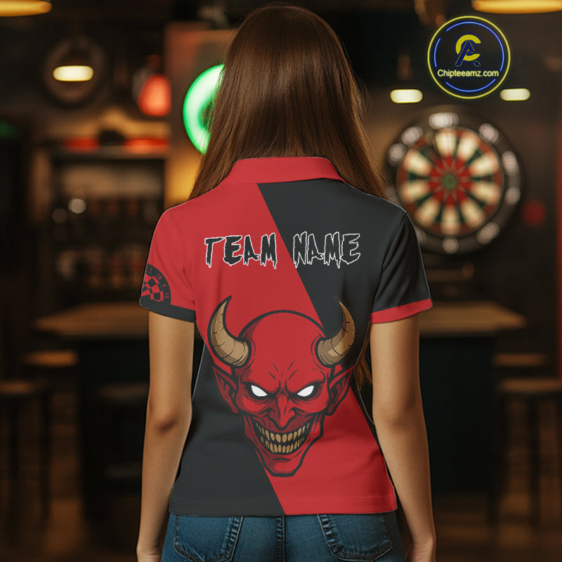 Red Evil Horned Skull Funny Darts Shirt For Women - Customizable Name & Team NYN0396