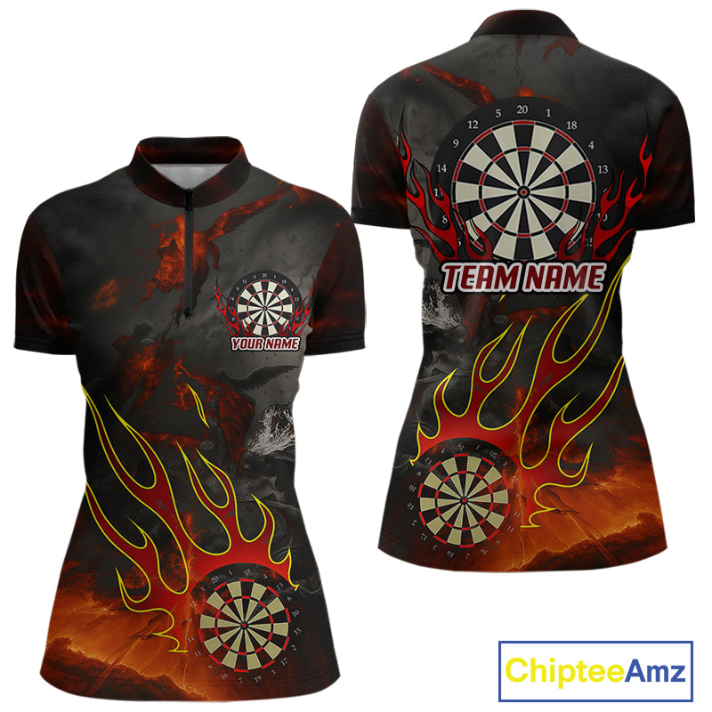 Flaming Dartboard Grunge Custom Red Dart 1/4-Zip Shirts For Women, Dart Team Jerseys NYN0793