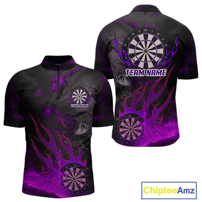 Flaming Dartboard Grunge Custom Purple Dart 1/4-Zip Shirts For Men, Dart Team Jerseys NYN0794