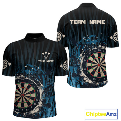 Men’s Custom Darts Team Shirt With Blue Splashed Art, Black Stripes And Dartboard NYN0255