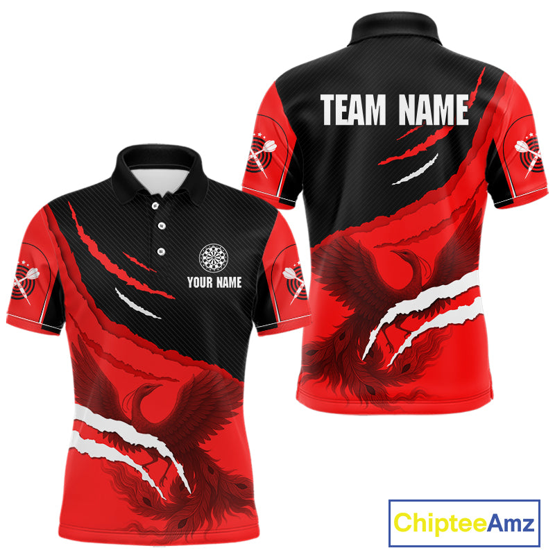 Custom Dart Team Shirt For Men With Crimson Phoenix On Black Linear Pattern NYN0277
