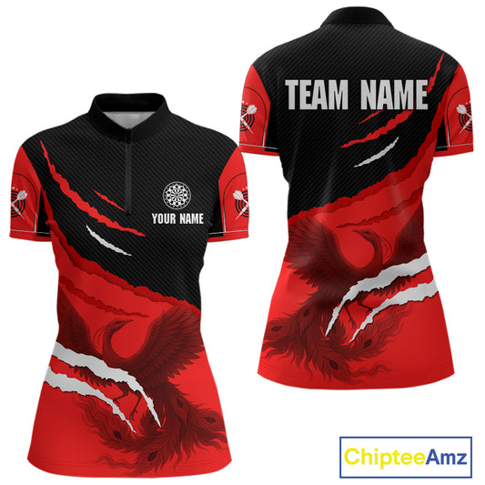 Custom Dart Team Shirt For Women With Crimson Phoenix On Black Linear Pattern NYN0277