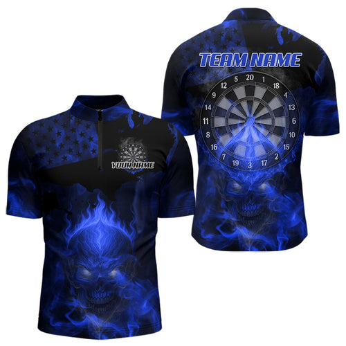 US Flag & Skull Custom Patriotic Blue Dart 1/4-Zip Shirts For Men, Dart Team Jerseys NYN0787