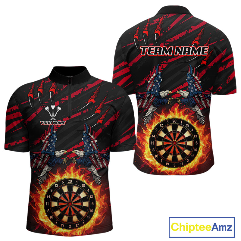 Flaming Darts & US Flag Eagle Men's Red Darts 1/4-Zip Shirt - Custom Name For Dart Players NYN0802
