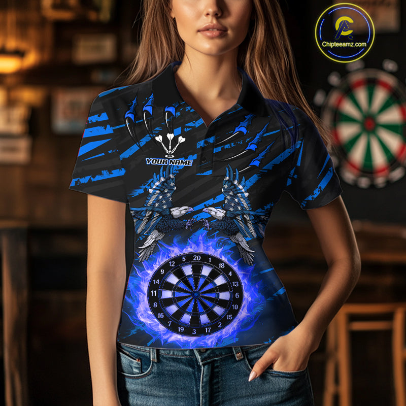 Flaming Darts & US Flag Eagle Women's Blue Darts Polo Shirt - Custom Name For Dart Players NYN0803