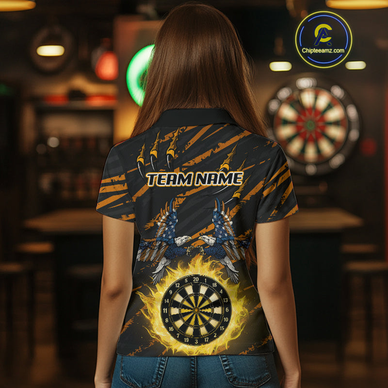 Flaming Darts & US Flag Eagle Women's Yellow Darts Polo Shirt - Custom Name For Dart Players NYN0804