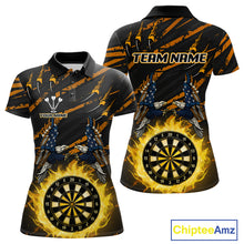 Load image into Gallery viewer, Flaming Darts &amp; US Flag Eagle Women's Yellow Darts Polo Shirt - Custom Name For Dart Players NYN0804
