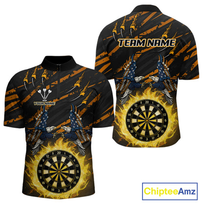 Flaming Darts & US Flag Eagle Men's Yellow Darts 1/4-Zip Shirt - Custom Name For Dart Players NYN0804