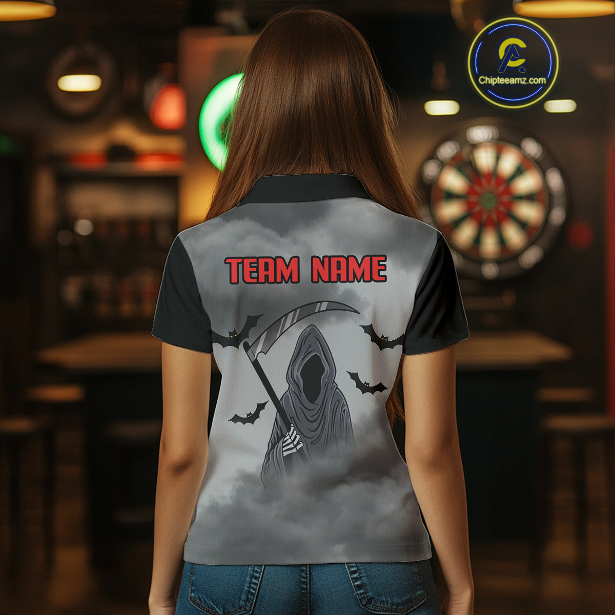 Grim Reaper With Grey Smoke Black Dartboard Darts Shirt For Women - Custom Darts Jersey NYN0535