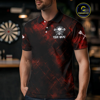 Men's Custom Darts Team Shirt - Skull & Dartboard Graphic With Grunge Red Pattern NYN0320