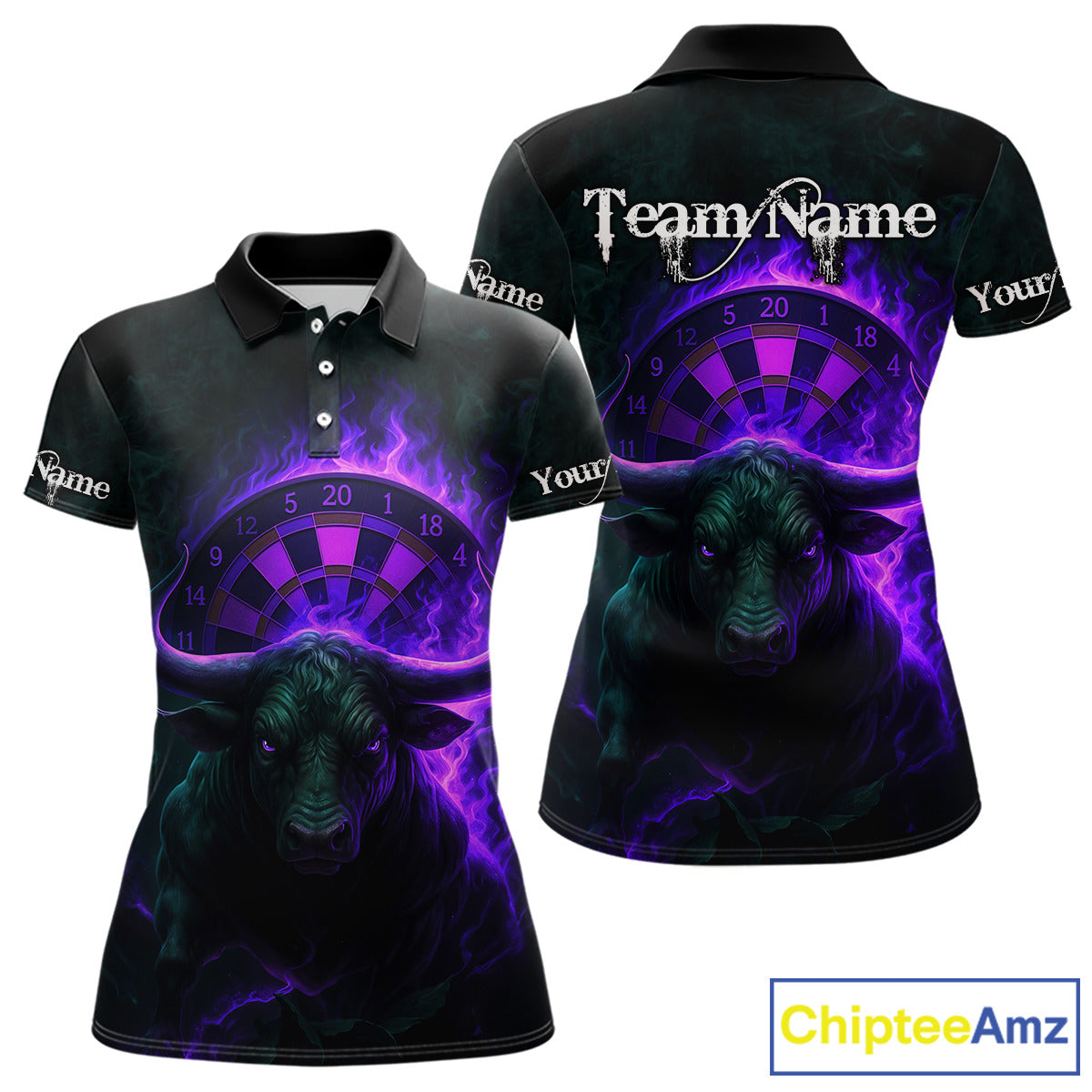 Purple Flaming Dartboard & Bull Darts Shirt For Women - Custom Name & Team Jersey NYN0606