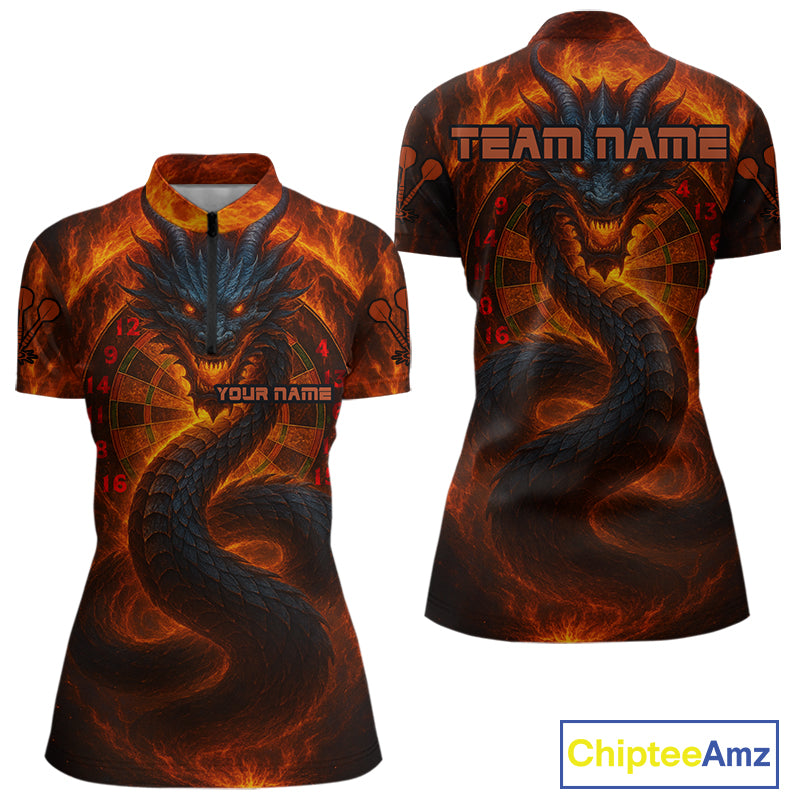 Personalized Red Flames Dragon Dartboard Darts 1/4-Zip Jerseys For Women, Dart Team Jerseys NYN0963