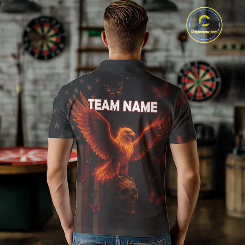 Custom US Flag Patriotic Polo Dart Shirt For Men Flame Eagle Skull Dart Jersey NYN1331