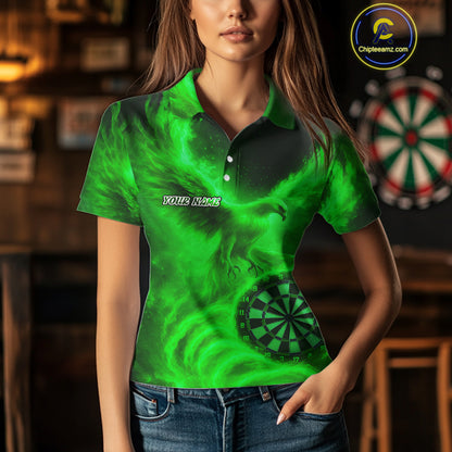 Women's Darts Polo Shirt Personalized Flaming Phoenix Dartboard Darts Jersey | Green NYN1027