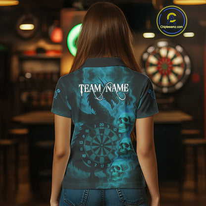 Custom Skull Dragon Turquoise Dartboard Women Polo & 1/4-Zip Dart Shirt, Darts Team Jerseys NYN1092