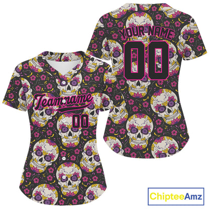 Custom Black And Pink Skull Halloween Baseball Jersey For Women Creepy Baseball Jersey NYN1286