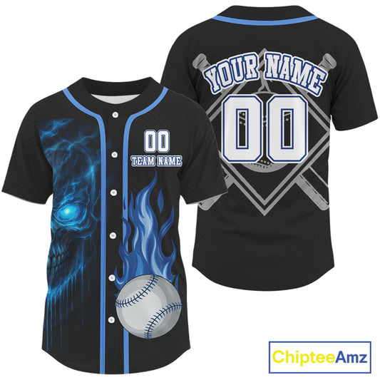 Custom Blue Flames Skull Baseball Ball Shirt For Men Flaming Youth Baseball Jerseys NYN0912