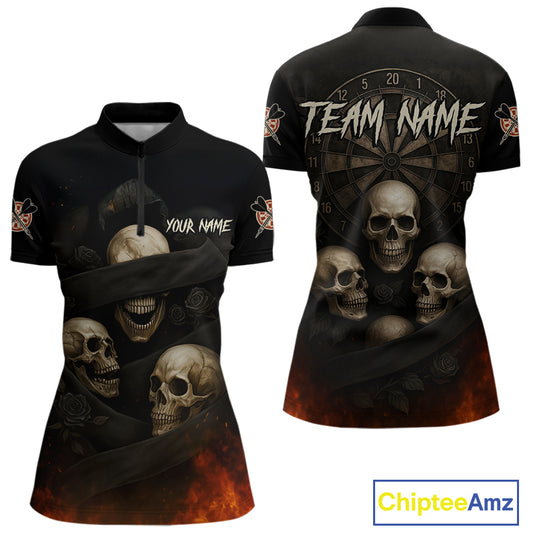 Custom Flames Grunge Roses Black Skull Dart Women 1/4-Zip Shirt Outfits Dart Jerseys NYN1559
