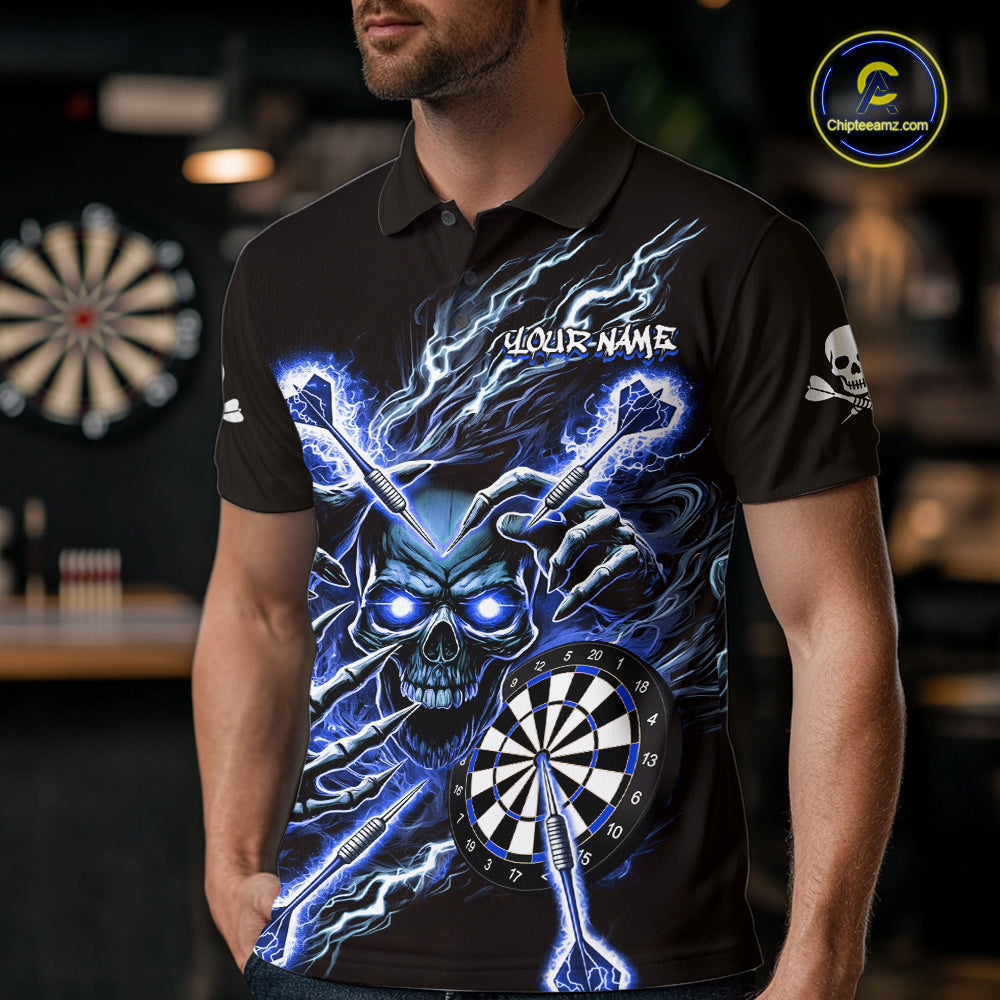 Personalized Blue Skeleton Thunder Lightning Men Dart Polo Shirts Skull Dart Jerseys NYN2120