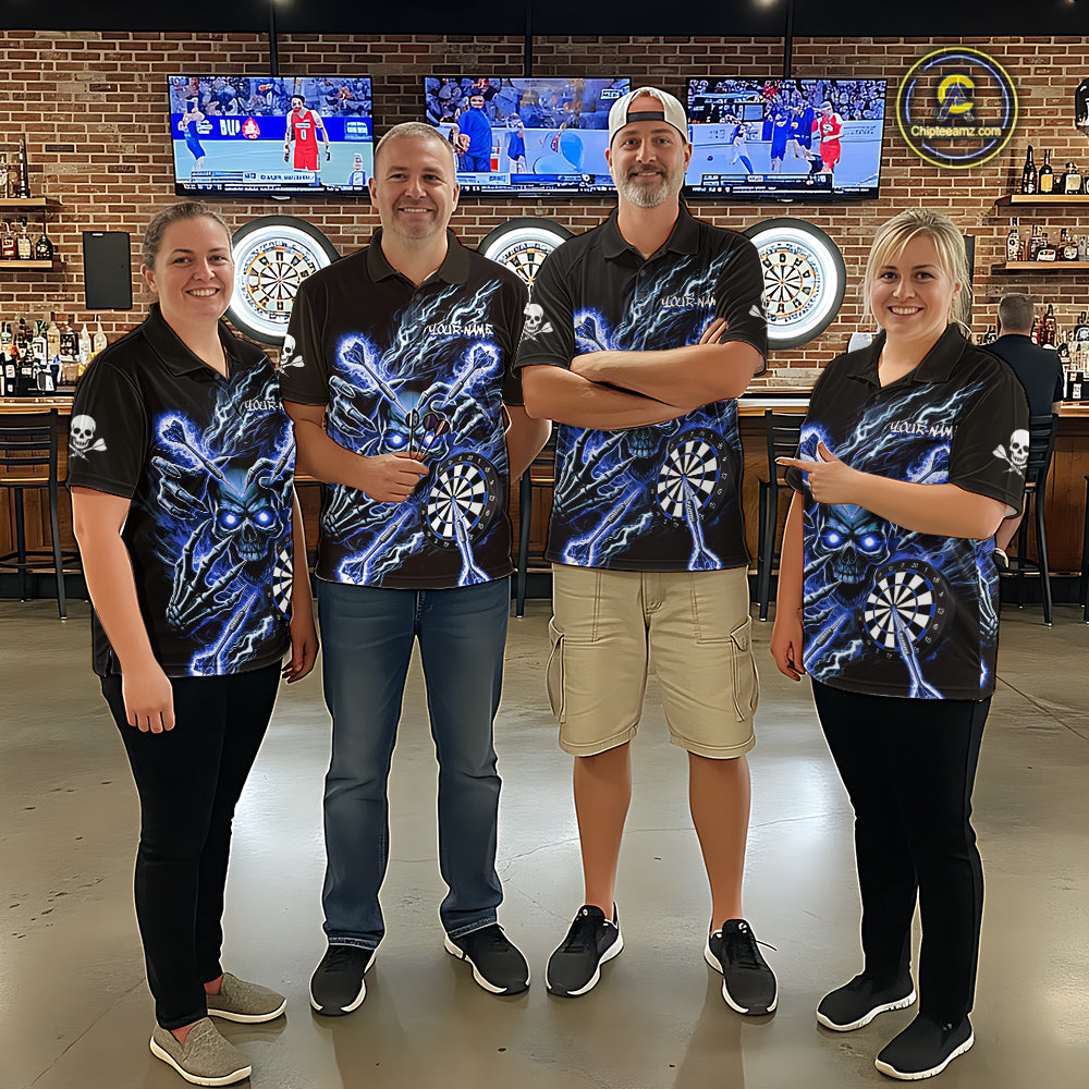 Personalized Blue Skeleton Thunder Lightning Men Dart Polo Shirts Skull Dart Jerseys NYN2120