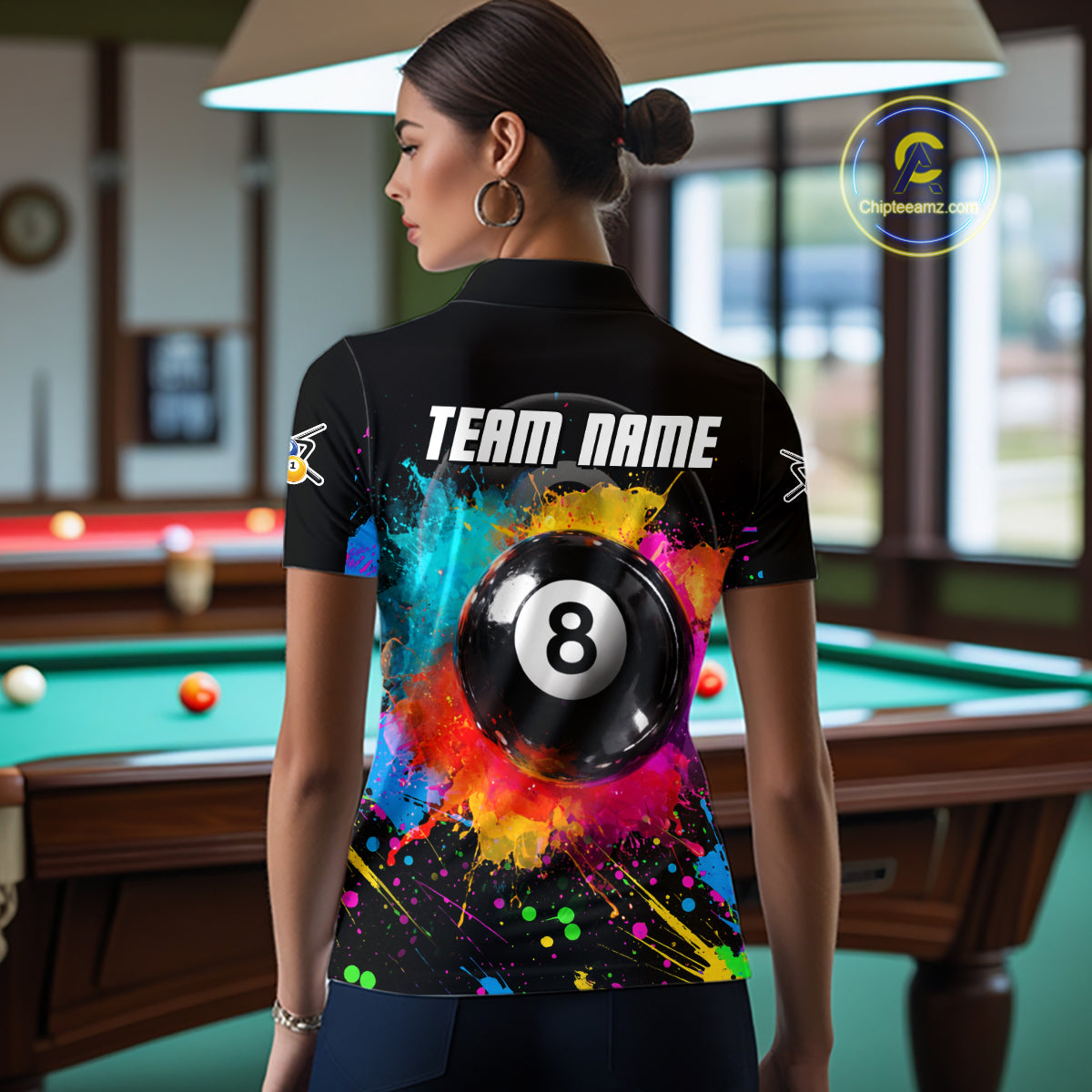 Colorful Splatter 8 Ball Pool Women Billiard Polo & 1/4-Zip Shirt Custom Billiards Balls Attire NYN2392