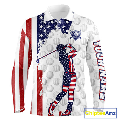 Custom Patriotic Golf Polo Shirts, Grunge US Flag Golf Ball White Men Best Golf Clothing Shirts NYN2991