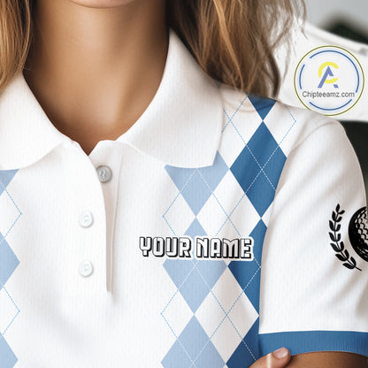Womens Argyle Pattern Golf Polo Shirts, Blue Argyle Golf Attire Custom Golf Clubs Pattern Upf Shirts NYN2999