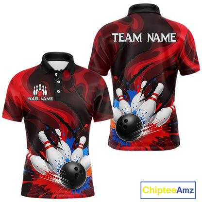 Colorful Splatter Bowling Ball And Pins Shirt For Men Black Red Team Jersey
