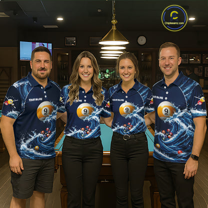 Funny Shark custom billiard team jerseys with 8 Ball 9 Ball artwork, matching pool league uniforms, cue sports apparel, championship tournament shirts