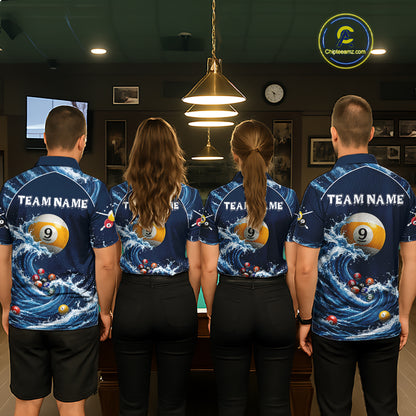 Funny Shark custom billiard team jerseys with 8 Ball 9 Ball artwork, matching pool league uniforms, cue sports apparel, championship tournament shirts