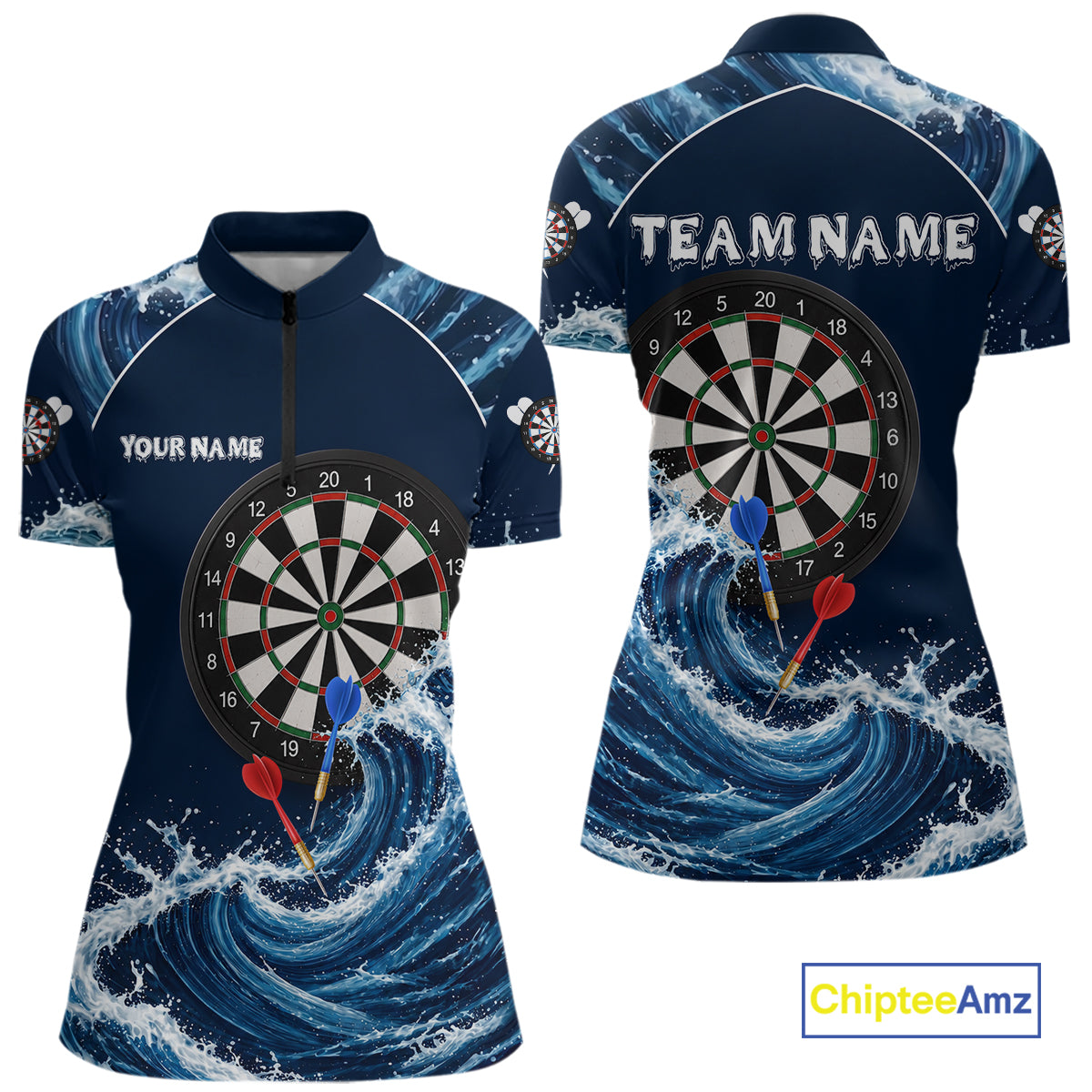 Blue Waving women's quarter-zip darts jersey featuring modern wave dartboard graphics, personalized tournament shirt, custom league clothing, athletic performance apparel