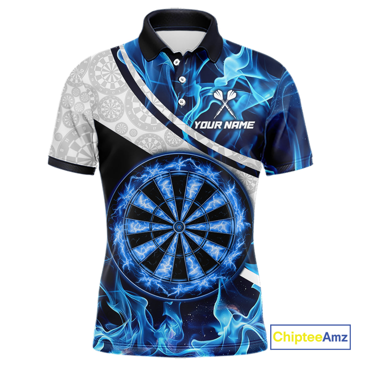 Personalized Blue Flaming Thunder Dartboard Men Darts Polo & 1/4-Zip Shirts Dart Team Jerseys NYN2801
