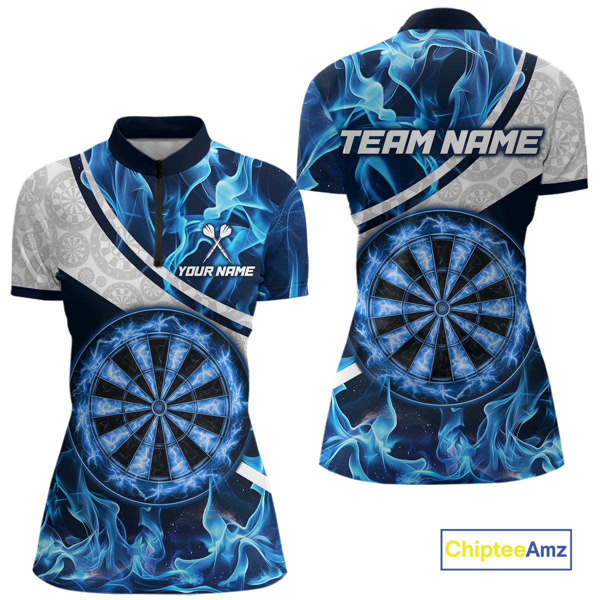 Personalized Blue Flaming Thunder Dartboard Women Darts Polo & 1/4-Zip Shirts Dart Team Jerseys NYN2801