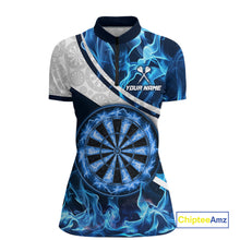 Load image into Gallery viewer, Personalized Blue Flaming Thunder Dartboard Women Darts Polo &amp; 1/4-Zip Shirts Dart Team Jerseys NYN2801