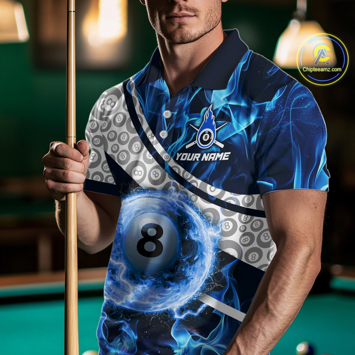 Personalized Blue Flaming Thunder 8 Ball Pool Billiard Shirts For Men Billiard Attire Gifts NYN2802