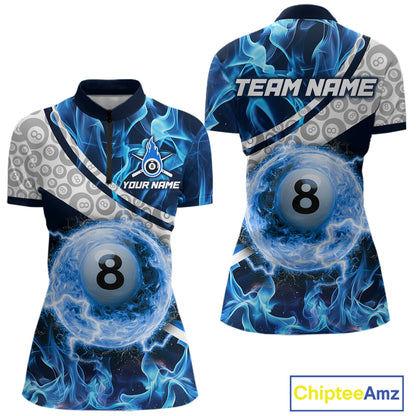 Personalized Blue Flaming Thunder 8 Ball Pool Billiard Shirts For Women Billiard Attire Gifts NYN2802