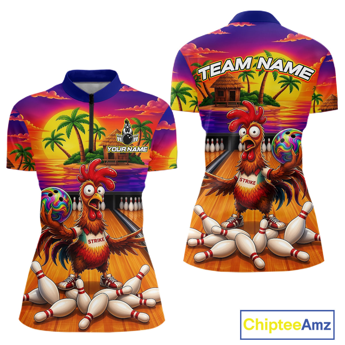 Funny Colorful Rooster Bowling Jerseys For Women Custom Summer Bowling Shirt Team Attire NYN3183