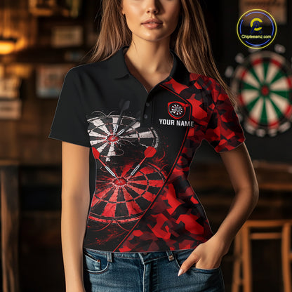 Personalized Camouflage Cracked Black And Red Dartboard Women Polo & 1/4-Zip Shirts Dart Team Jerseys NYN2809