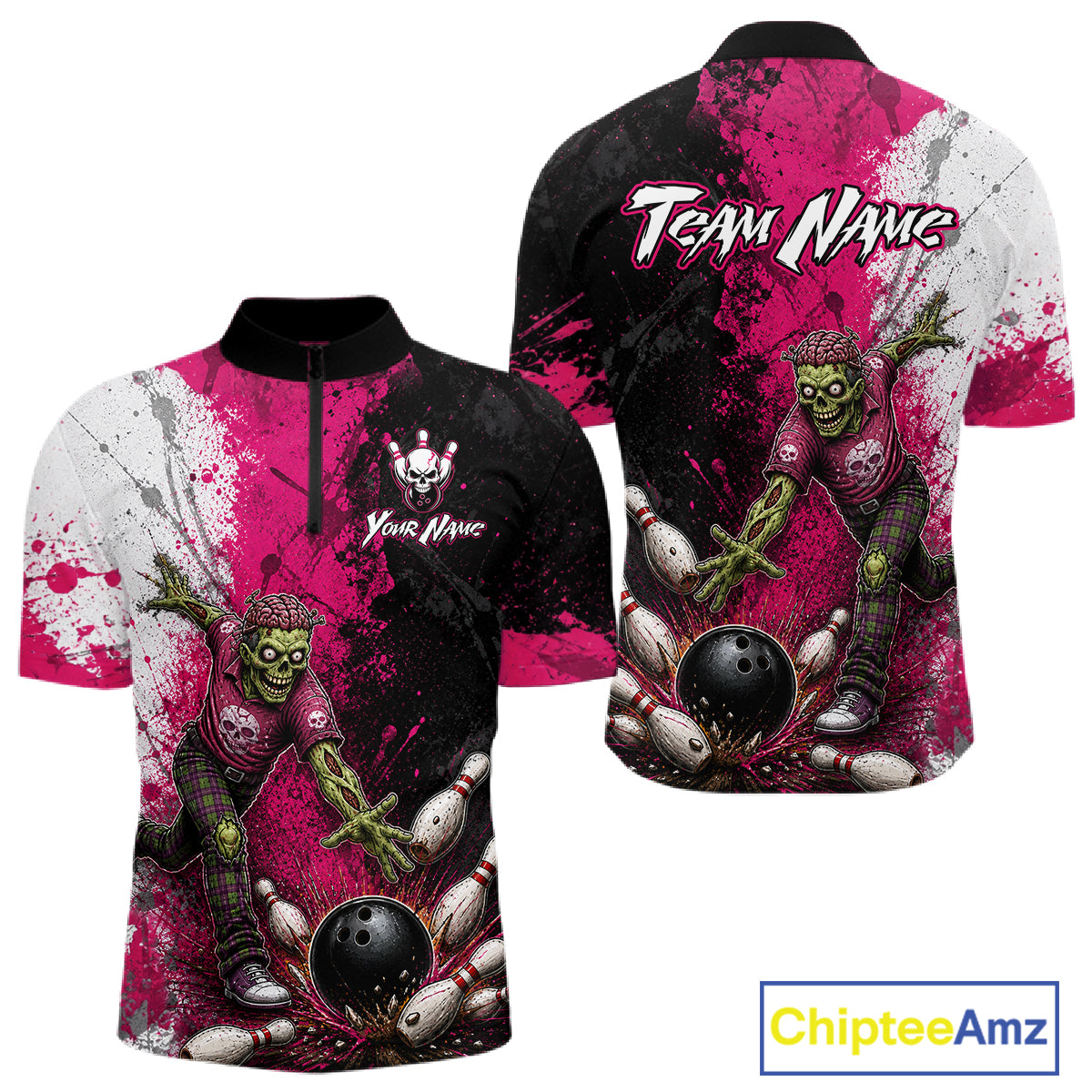Grunge Black, White And Pink Zombie Men Bowling Shirts Personalized Skull Bowling Team Outfits NYN3188