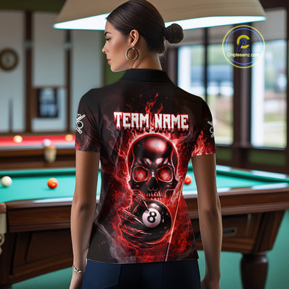 Red Flames Skull Hoding 8 Ball Pool Women Polo & 1/4-Zip Shirt Custom Billiards Ball Jerseys NYN2428