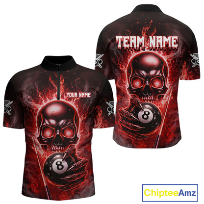 Red Flames Skull Hoding 8 Ball Pool Men Polo & 1/4-Zip Shirt Custom Billiards Ball Jerseys NYN2428