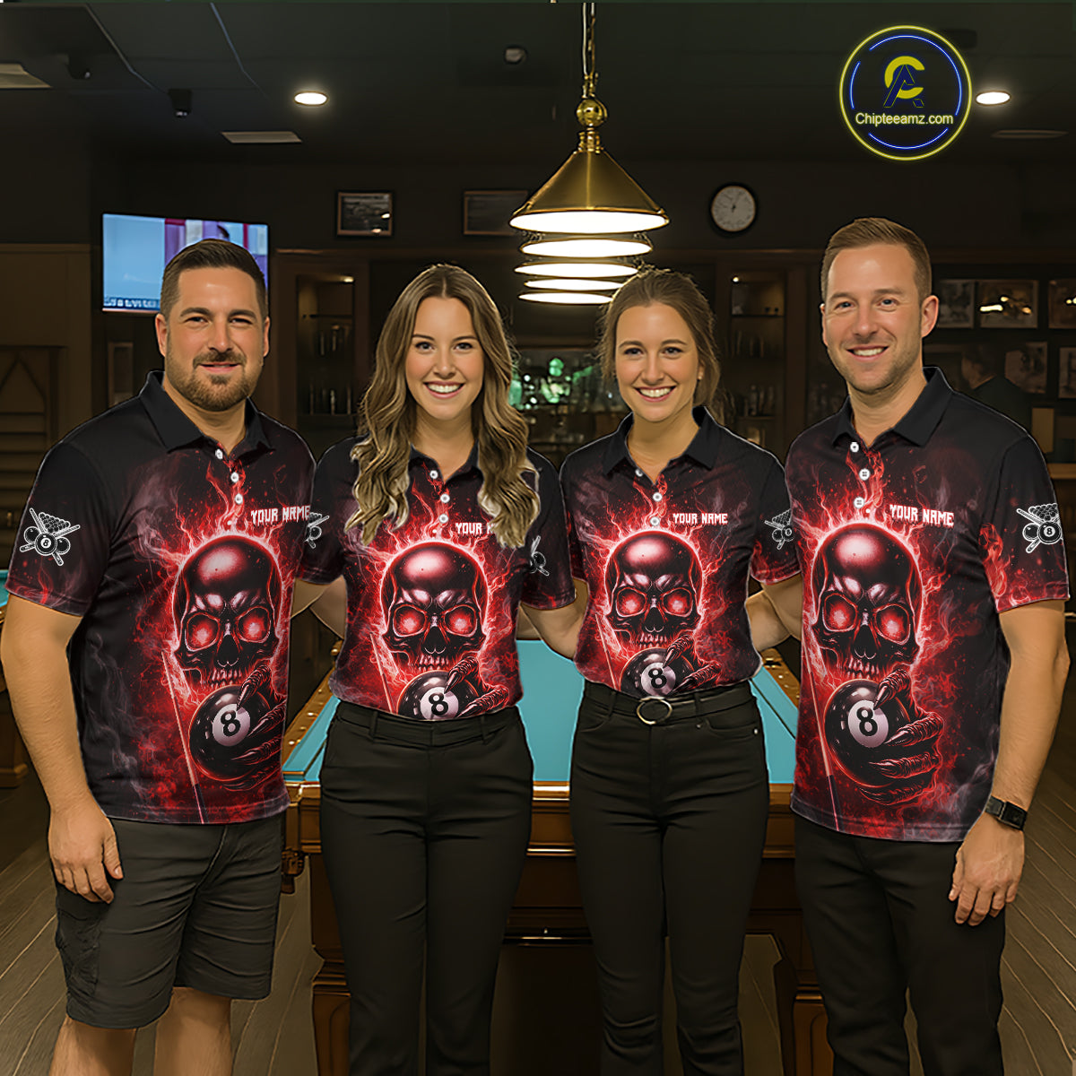 Red Flames Skull Hoding 8 Ball Pool Women Polo & 1/4-Zip Shirt Custom Billiards Ball Jerseys NYN2428