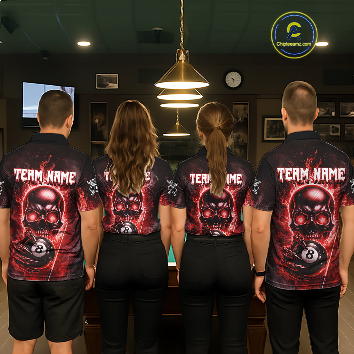 Red Flames Skull Hoding 8 Ball Pool Women Polo & 1/4-Zip Shirt Custom Billiards Ball Jerseys NYN2428