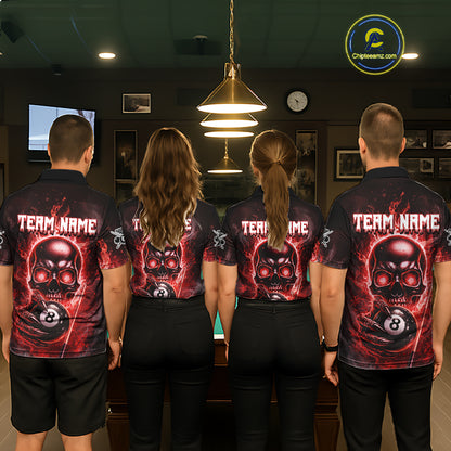Red Flames Skull Hoding 8 Ball Pool Women Polo & 1/4-Zip Shirt Custom Billiards Ball Jerseys NYN2428