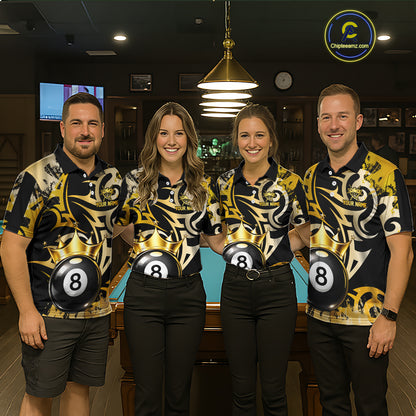 Gold Tribal Crown 8 Ball Pool Women Polo & 1/4-Zip Team Shirt Custom Billiards Ball Jerseys NYN2429